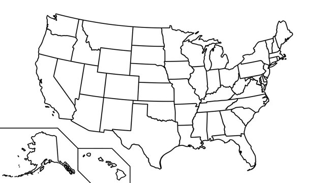 Blank outline map of the United States of America showing all 50 states and their borders.