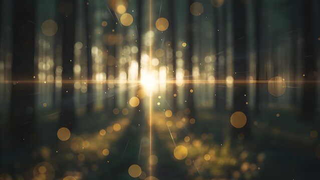 어두운 숲 사이로 아른거리는 황금빛 보케와 몽환적인 렌즈 플레어, Golden bokeh lights shimmering through dark forest trees with mystical lens flare