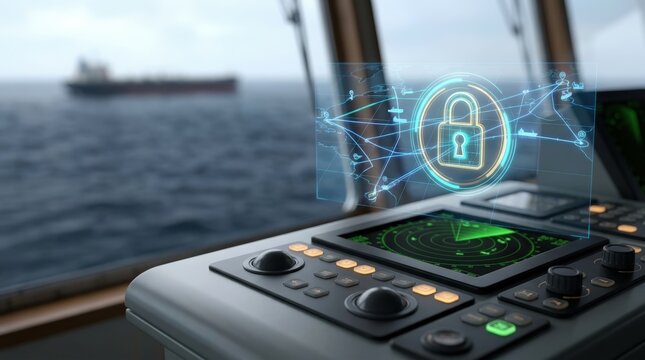 Macro View of Navigation Radar Equipment on Ship Bridge While at Sea