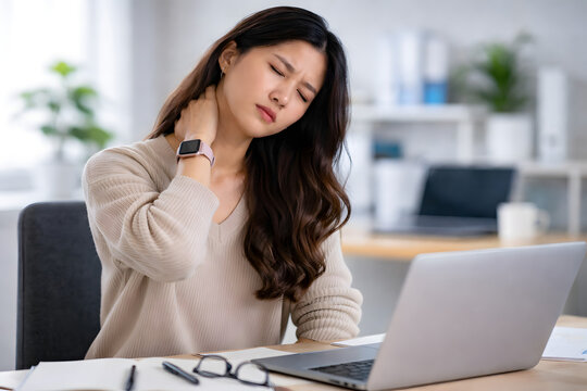 Young woman experiencing neck pain while using laptop at desk, highlighting poor posture, work stress and ergonomic health issues.