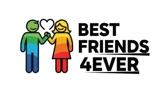 Vector illustration of a boy and a girl holding hands with a heart shape above them, representing friendship and love, best friends 4ever text