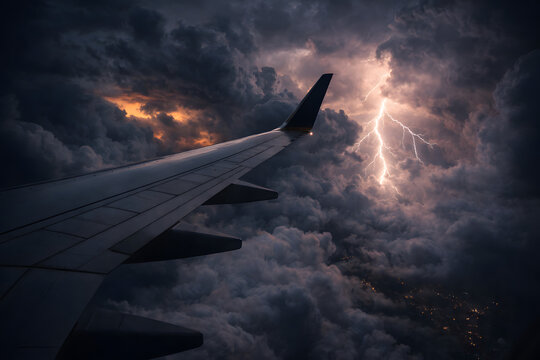 View from airplane window showing wing and dramatic lightning storm clouds, representing turbulence, danger and intense weather conditions.