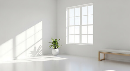 Fototapeta premium A modern empty apartment room features a new parquet floor and white walls with an open door and a window allowing natural light into the spacious interior living area