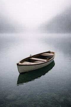 Single wooden boat drifting on fog covered lake with soft muted tones, evoking solitude, calmness and minimal natural atmosphere.