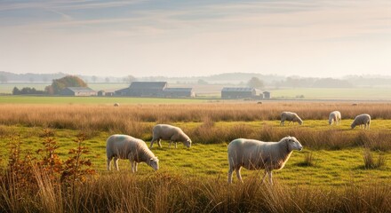 Fototapeta premium Sheep grazing in a tranquil pastoral landscape