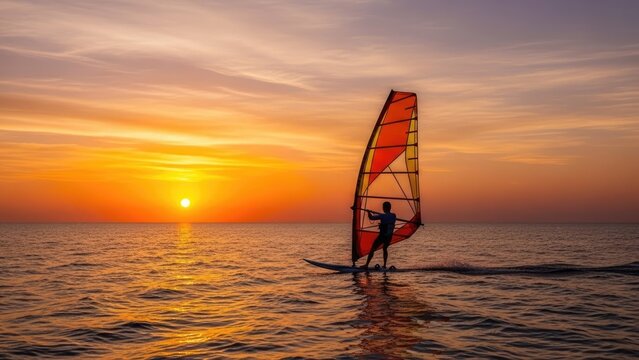 A person windsurfing on calm waters during a vibrant sunset