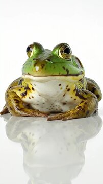 A green frog sits on a reflective surface with a white background.