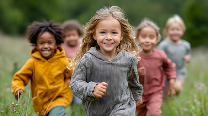 Fototapeta premium Kids run on green grass during a sunny day in the park, enjoying time together and playing happily