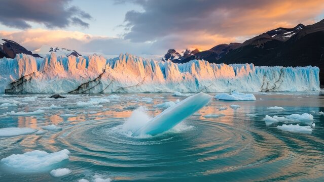 A breathtaking landscape of a glacier calving into a serene body of water