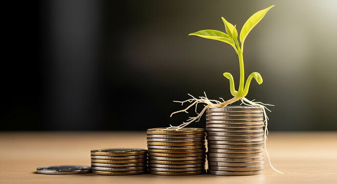 Small green plant growing from a stack of coins and dollar bills, representing financial growth, investment, and sustainability