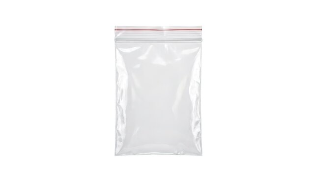 Transparent plastic ziplock bag, clear resealable packaging pouch with red zipper seal, product storage and shipping supply isolated PNG with Transparent Background