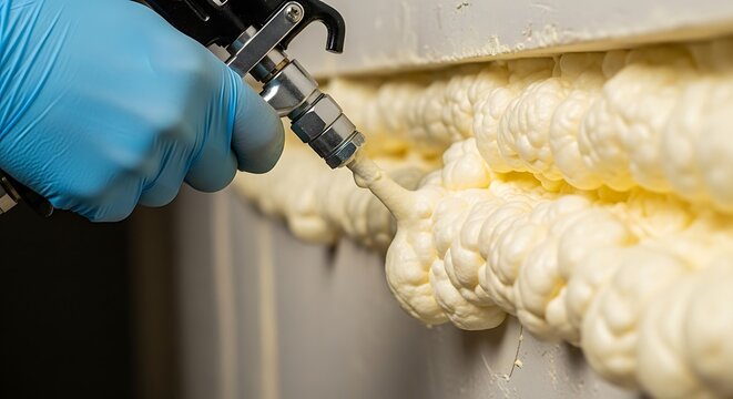 Worker Applying Expanding Polyurethane Foam Insulation into Wall Gap