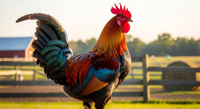 Magnificent rooster with vibrant plumage standing in a farm field at sunset, rural landscape background