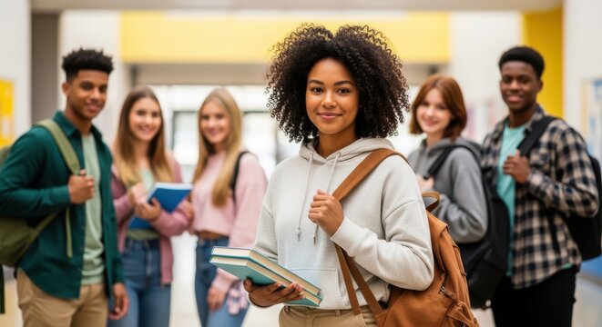 Group of diverse high school students standing in a school hallway with backpacks and books