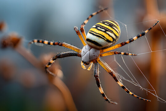Argiope bruennichi. A bright spider weaves a web against the background of a field. A spider with a striped yellow-black-white abdomen, close-up. The spider's venom is weak, safe for humans