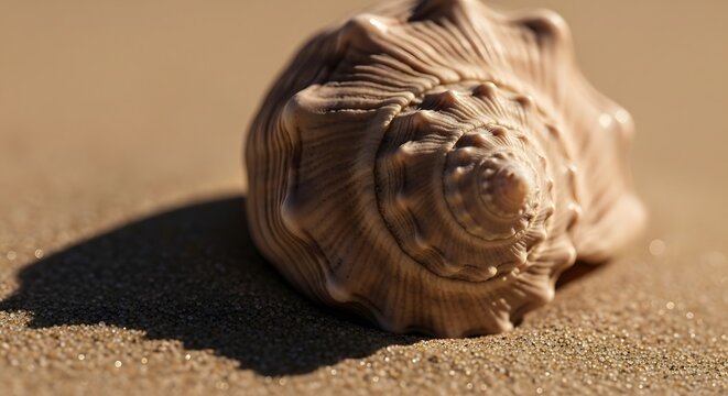 Close up of a whelk shell resting on sandy beach