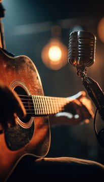 Elegant Vertical Acoustic Guitarist Performing Live with Singer Blurred Behind Glowing Microphone St