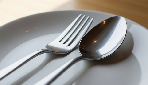 An elegant silverware arrangement featuring a fork and spoon alongside a fork and knife rests on a clean white plate for an empty dinner table setting in a restaurant