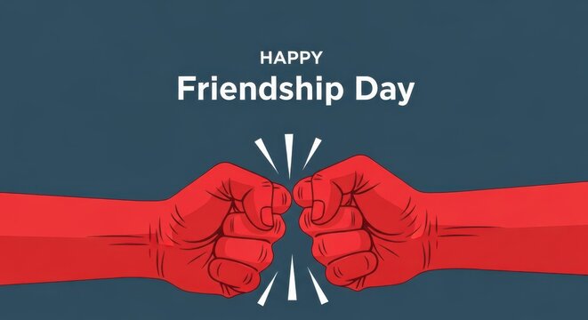 Happy friendship day greeting card with illustration of two red fists bumping together on a dark blue background