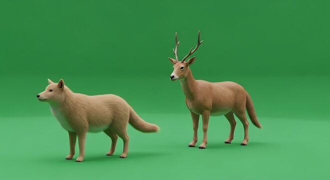 Computer generated realistic depiction of a canine and a cervid creature side by side on a green screen