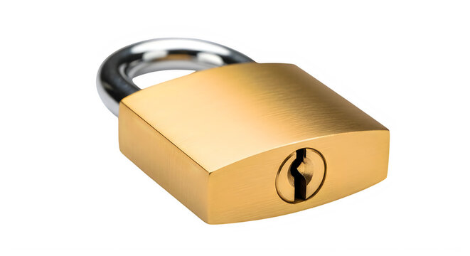 Secure golden padlock with shiny metal shackle isolated on transparent background transparent background