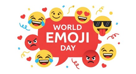 Naklejka premium World emoji day celebration banner with various funny emoticons and confetti isolated on white background