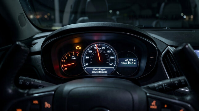 Illuminated car dashboard at night showing a check engine warning light and a "Service Required" digital display message on the instrument panel.