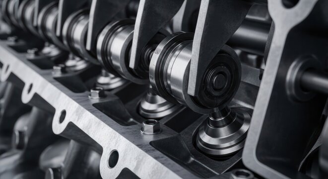 Close-up of a clean internal combustion engine cylinder head with camshaft and valves.