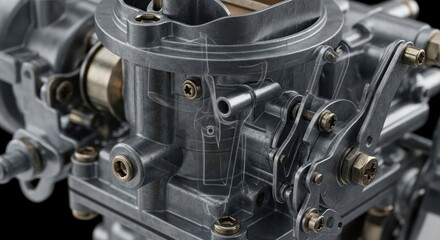 Fototapeta premium Close-up detailed view of a vintage automotive carburetor on a black background.