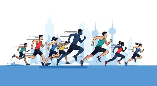 Group of diverse athletes compete in a city marathon running together along a blue path with a silhouette of urban skyscrapers in background.