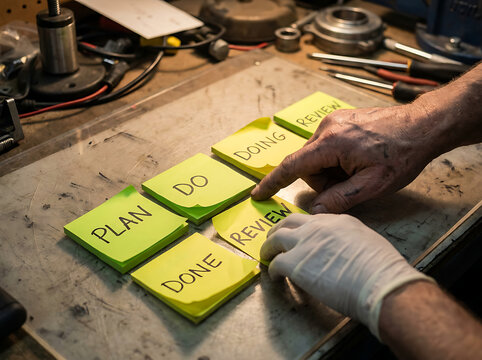 A person organizes workflow steps using sticky notes on a workbench, outlining a strategic plan for task management and project execution