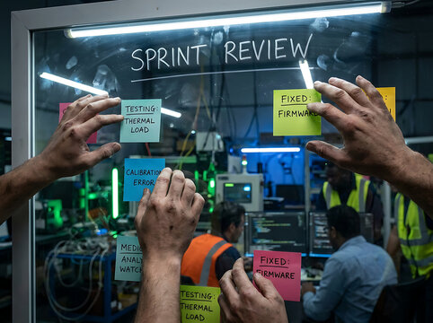 Dedicated team members actively engaged in a project review, collaboratively arranging feedback and progress updates on a glass board using sticky notes