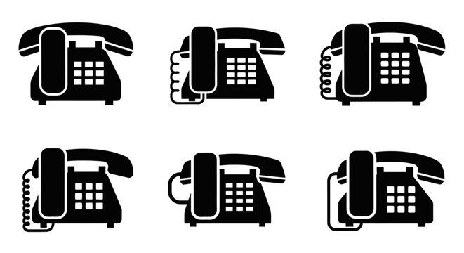 Set of Black Vintage Rotary and Push-Button Telephone Icons on White Background