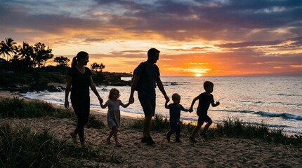 Obraz premium Silhouette of a family holding hands walking on a beach at sunset with the sun setting over the ocean