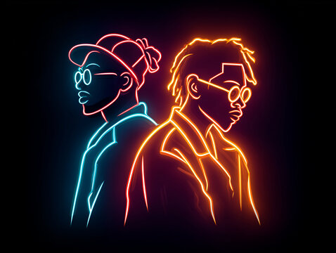 Neon silhouette portrait of two hip hop artists standing back to back in vibrant glowing colors creating modern music album cover aesthetic on dark background