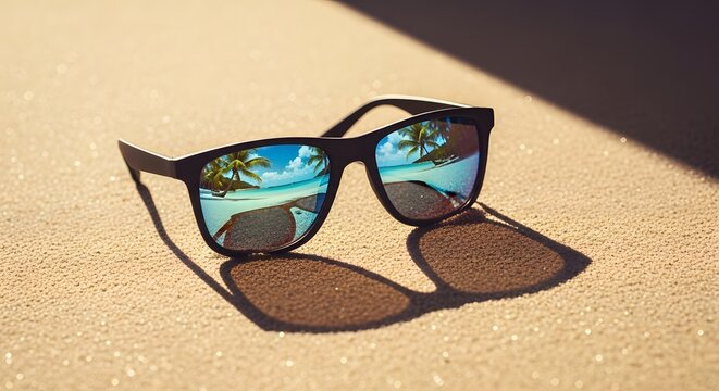 Stylish sunglasses reflecting a tropical beach scene in bright sunlight