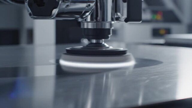 Industrial machine polishing metal surface close up in production