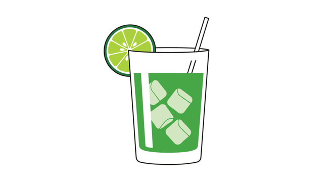A refreshing green cocktail with lime and ice cubes in a glass