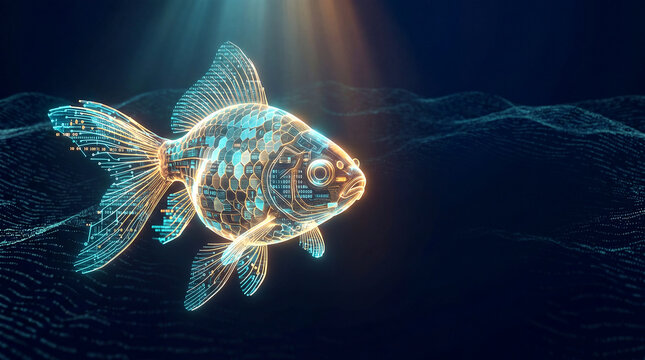 Japanese goldfish made of glowing holographic digital data and circuitry on dark background
