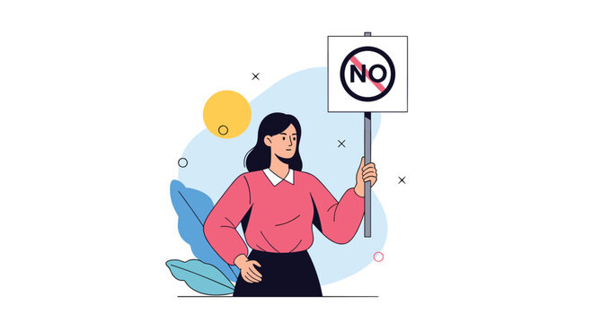 Young woman activist holding up a round protest sign with the word no inside a red circle to express her objection.