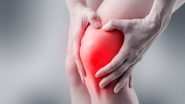 Pain in the knee joint with inflammation highlighted by red color on isolated background