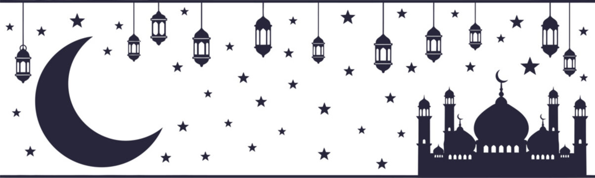 Ramadan Mubarak Mosque Silhouette Border with Moon and Starry Night Background