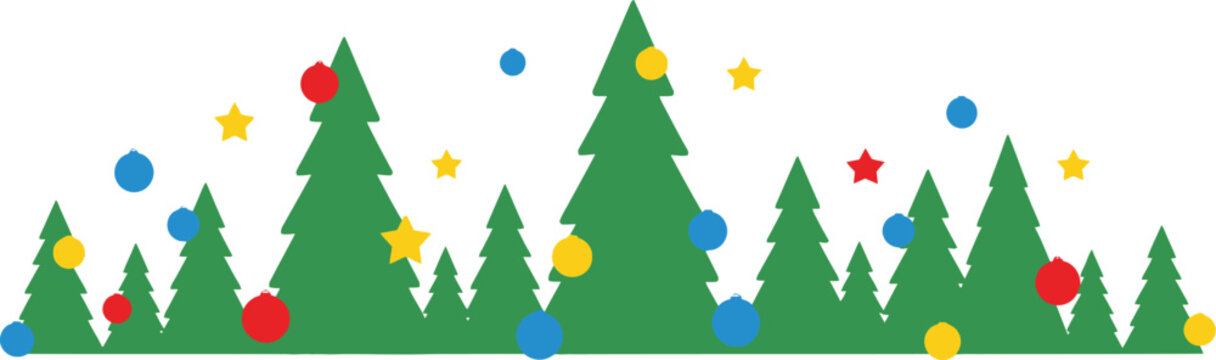 Colorful Christmas Tree Forest Border with Stars and Ornaments Vector Design Background