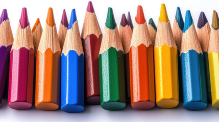 Fototapeta premium Close-up of Assorted Vibrant Colored Pencils Arranged in a Row on White Background