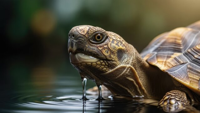 A close-up of a turtle in water with a blurred background