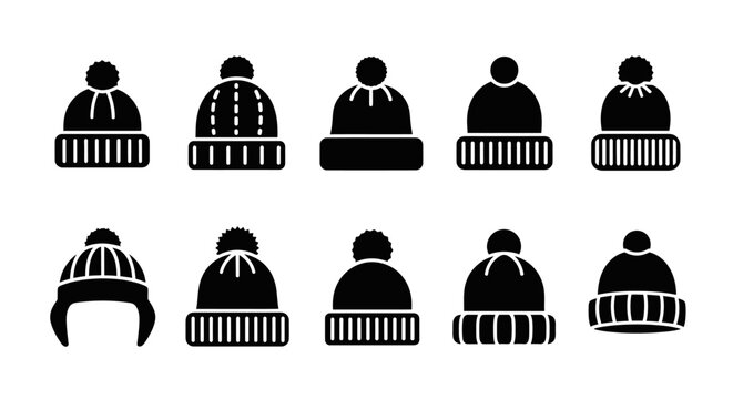 Collection of Winter Beanies with Pom-Poms, Black Icons Set