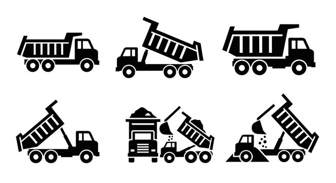 Dump Truck Icons Set: Loading, Transporting, and Discharging Materials
