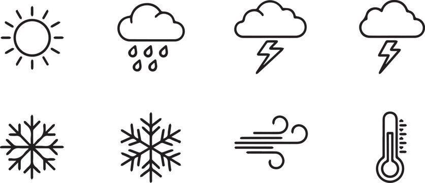 Weather icons set displays various atmospheric conditions including sun, rain, storm, and temperature.