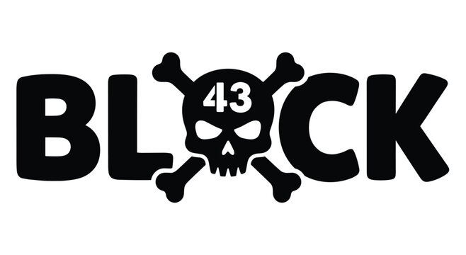 Bold black word block with a skull and crossbones symbol integrated as the letter o, number 43 on the skull, powerful graphic element.
