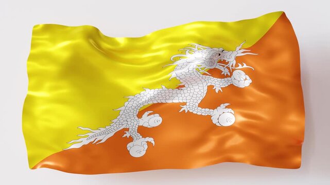 The national flag of Bhutan waving in a 3D format. The colorful flag features a dragon design and moves smoothly in a three dimensional space